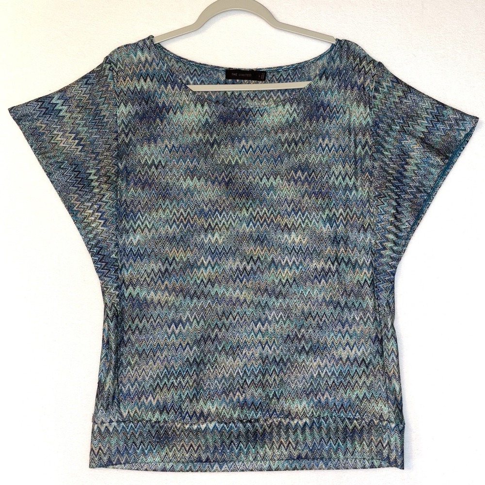 The Limited Blue Green Top Blouse Herringbone Chevron Banded Waist Large Batwing